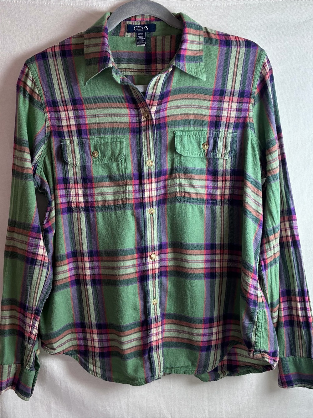Chaps Petite Green & Purple Plaid Cotton Flannel Button Down Shirt PL